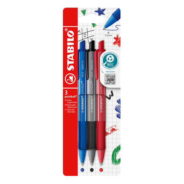Balpen STABILO pointball colorful medium assorti blister à 3 stuks