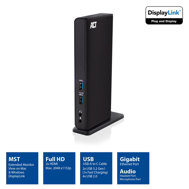 Dockingstation ACT USB-C Dual Monitor met laadpoort