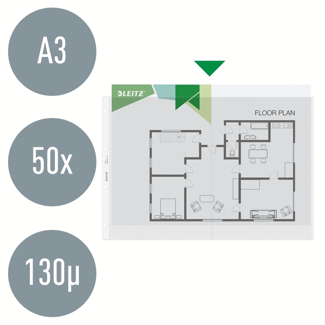 Showtas Leitz Premium copy safe 0.13mm PP A3 landscape transparant 50 stuks