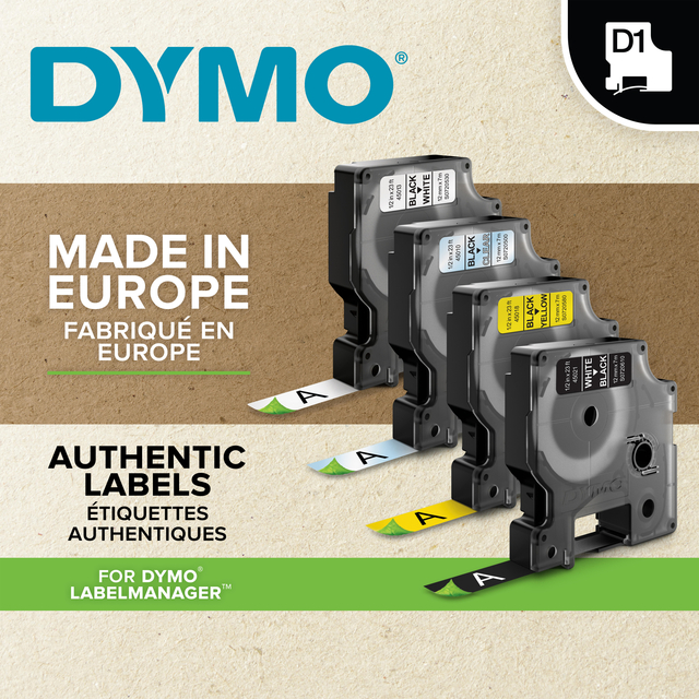 Labeltape Dymo LabelManager D1 polyester 19mm zwart op wit 10 stuks