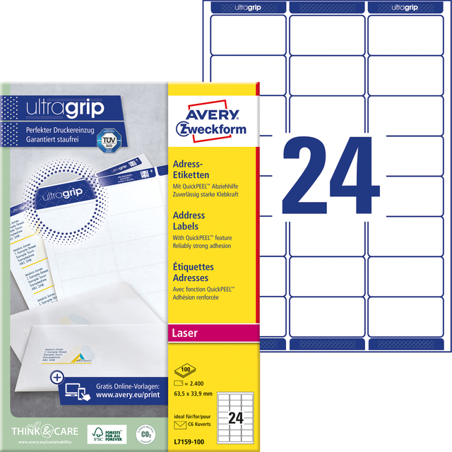 Etiket Avery L7159-100 63.5x33.9mm wit 2400 stuks