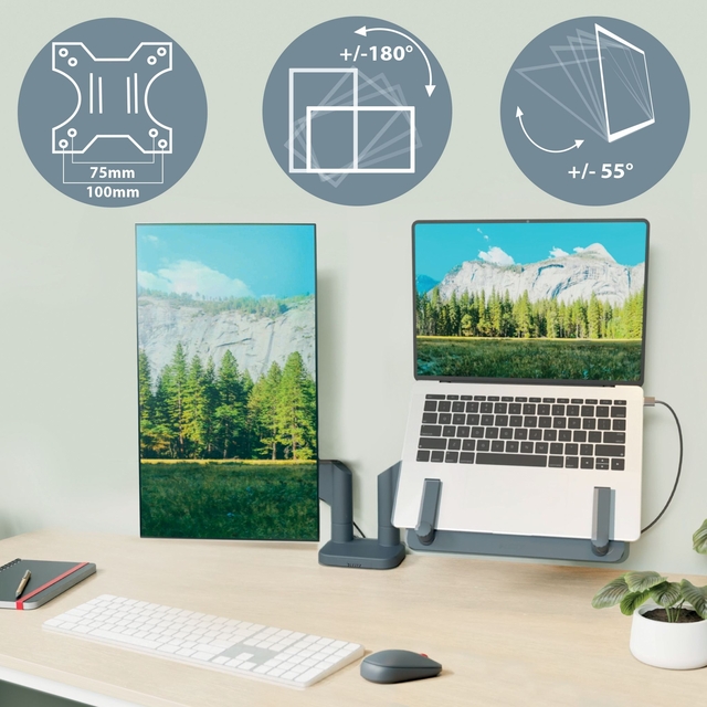 Monitor- en laptoparm Leitz Ergo ruimtebesparend dubbel donkergrijs