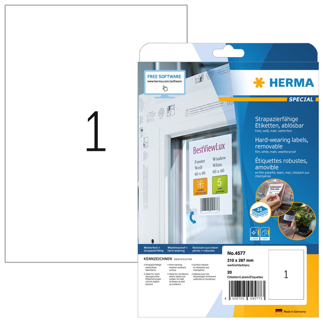 Etiket HERMA 4577 210x297mm folie wit 20 stuks