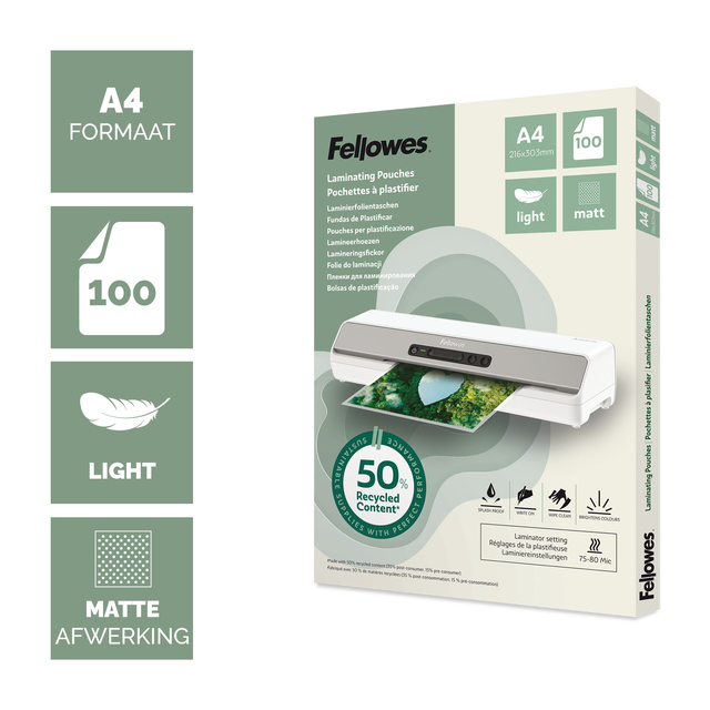 Lamineerhoes Fellowes A4 light 50% gerecycled mat 100stuks