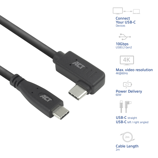 Kabel ACT USB-C standaard naar USB-C hoek 10Gbps 2m