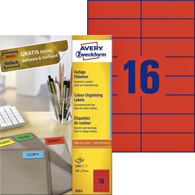 Etiket Avery 3452 105x37mm rood 1600 stuks