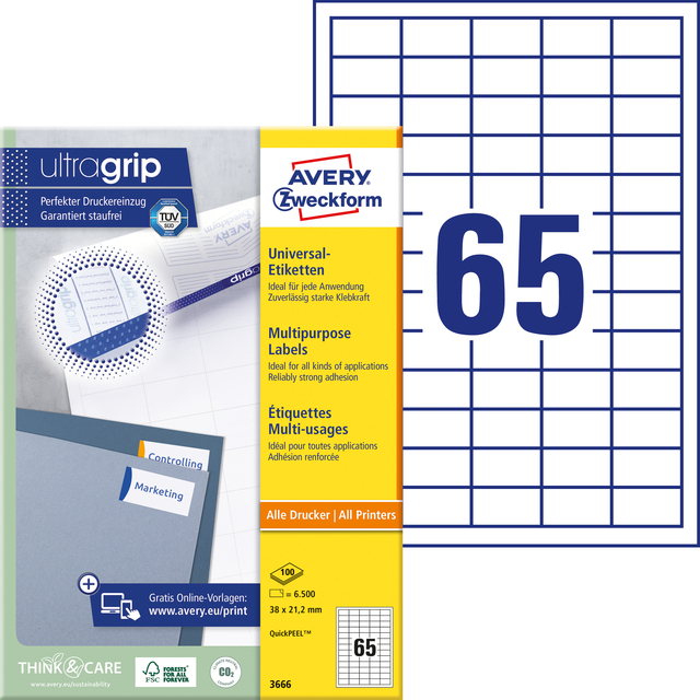 Etiket Avery 3666 38x21.2mm wit 6500 stuks