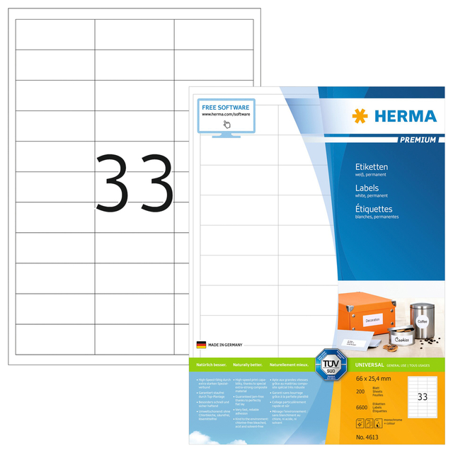 Etiket HERMA 4613 66x25.4mm premium wit 6600 stuks