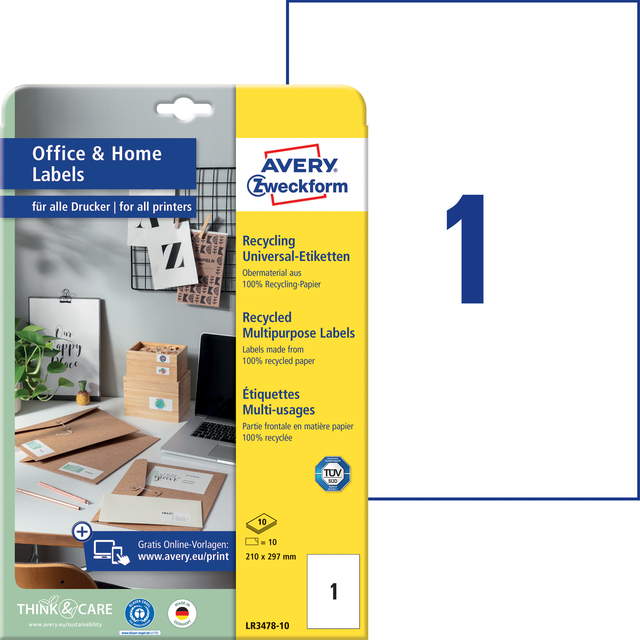 Etiket Avery LR3478-10 210x297mm recycled wit 10 stuks