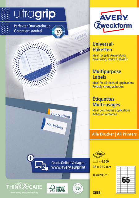 Etiket Avery 3666 38x21.2mm wit 6500 stuks
