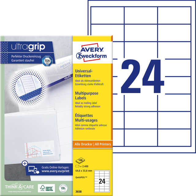 Etiket Avery 3658 64.6x33.8mm wit 2400 stuks