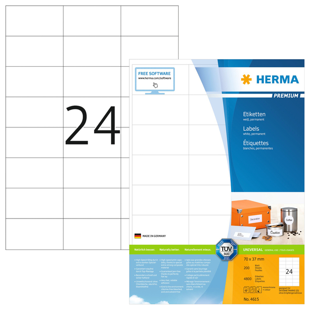 Etiket HERMA 4615 70x37mm premium wit 4800 stuks
