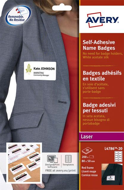 Naambadge etiket Avery L4786-20 80x50mm rood kader 200 stuks
