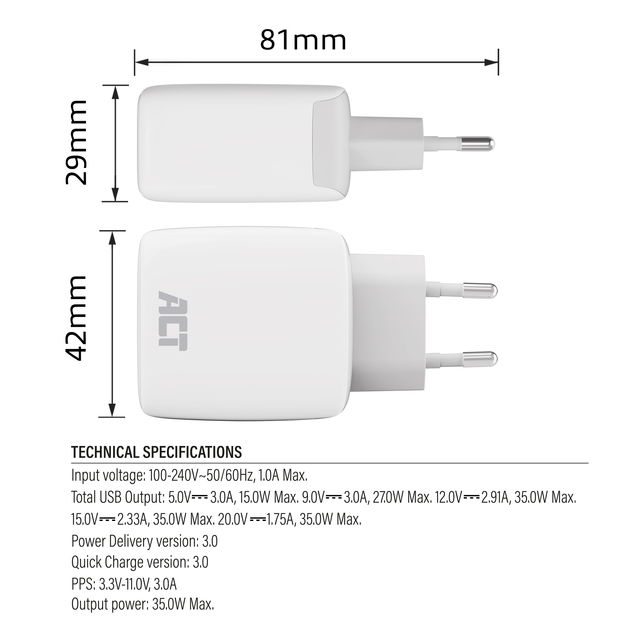 Oplader ACT 35w 1-poort usb c wit