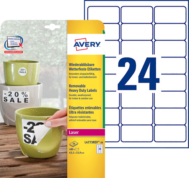 Etiket Avery L4773REV-20 63.5x33.9mm wit 480 stuks