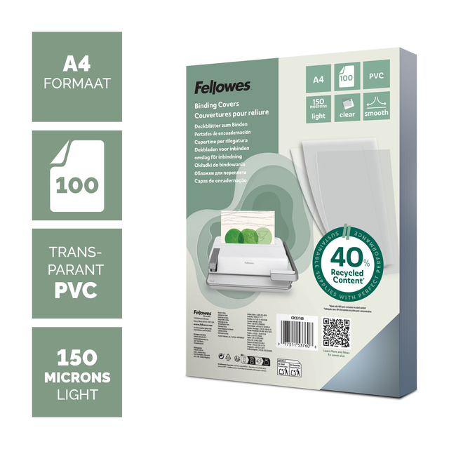 Voorblad Fellowes A4 PVC 150micron recycled 100 stuks