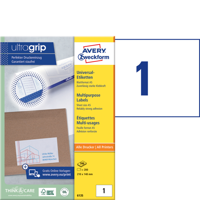 Etiket Avery 6135 210x148mm wit 200 stuks