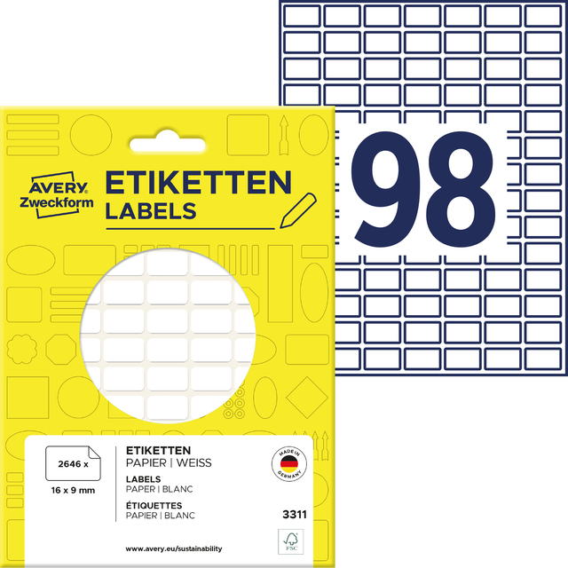 Etiket Avery 3311 16x9mm wit 2646 stuks