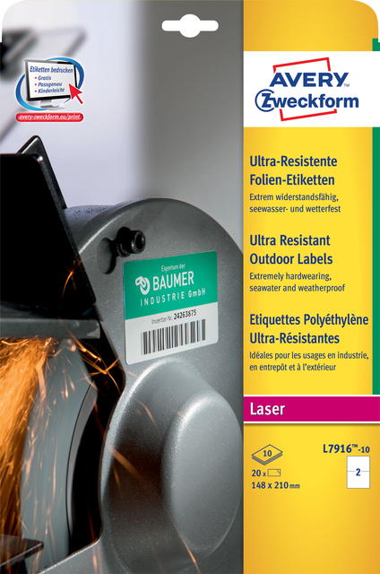 Etiket Avery L7916-10 210x148mm polyethyleen wit 20 stuks
