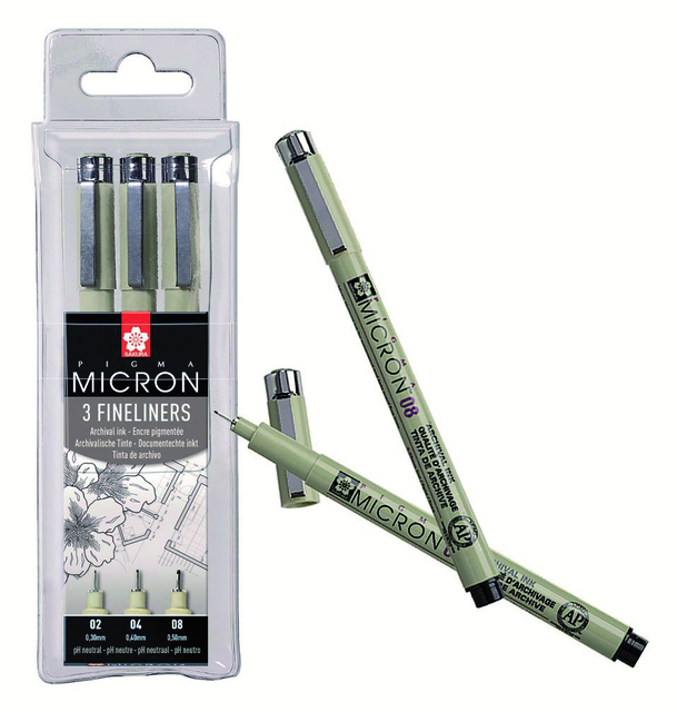 Fineliner Sakura Pigma Micron set à 3 schrijfbreedtes fijn zwart