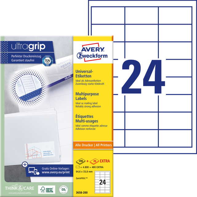 Etiket Avery 3658 64.6x33.8mm wit 4800 stuks