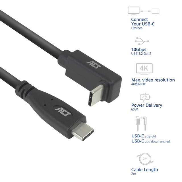 Kabel ACT USB-C standaard naar USB-C hoek boven/beneden 10Gbps 2m