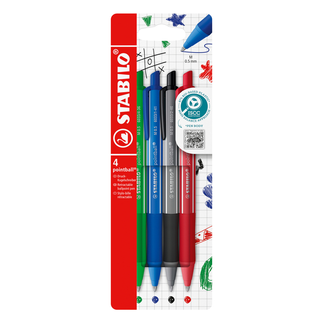 Balpen STABILO pointball colorful medium assorti blister à 4 stuks