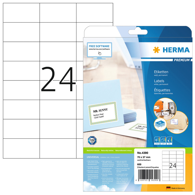 Etiket HERMA 4390 70x37mm premium wit 600 stuks