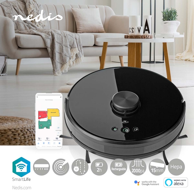 Robotstofzuiger Nedis Smartlife wifi laser 3-in-1 zwart