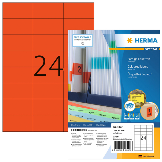Etiket HERMA 4407 70x37mm rood 2400 stuks