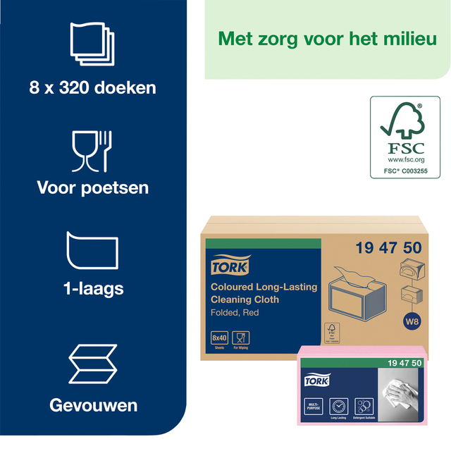 Reinigingsdoek Tork W8 Premium 1-laags 40 vel rood 194750