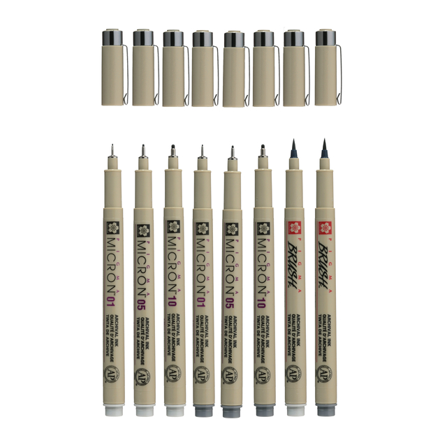Fineliner Sakura Pigma Micron set à 6 schrijfbreedtes met twee brushpennen koudgrijs