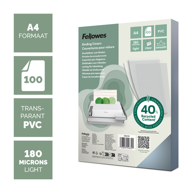 Voorblad Fellowes A4 PVC 180micron recycled 100 stuks