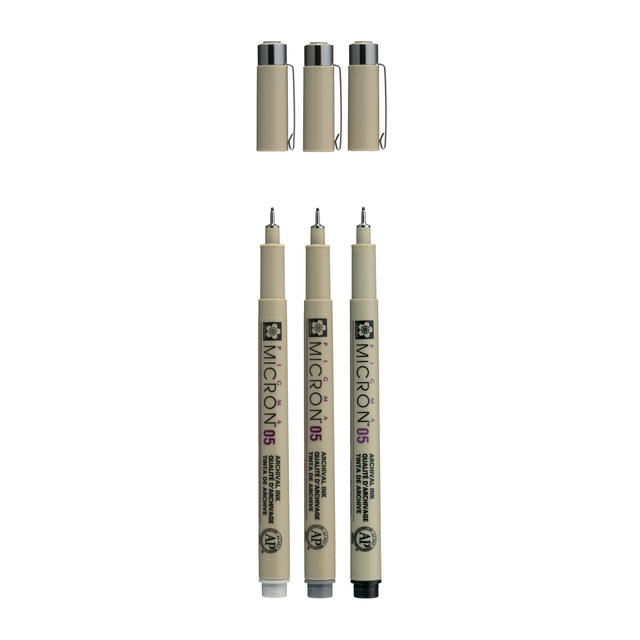 Fineliner Sakura Pigma Micron 05 set zwart & grijs 3 maten