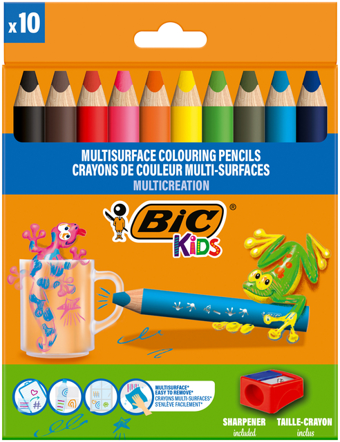 Kleurpotloden BicKids Multi Surface + puntenslijper assorti 10 stuks