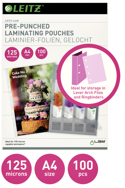 Lamineerhoes Leitz iLAM A4 met perforatieband 2x125micron EVA 100 stuks