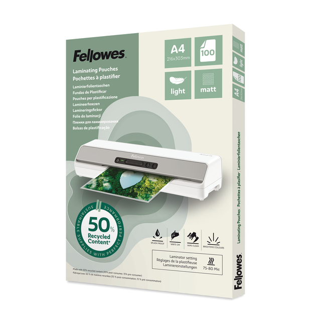 Lamineerhoes Fellowes A4 light 50% gerecycled mat 100stuks