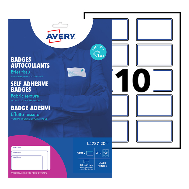 Naambadge etiket Avery L4787-20 80x50mm blauw kader 200 stuks