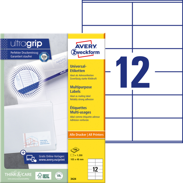 Etiket Avery 3424 105x48mm wit 1200 stuks