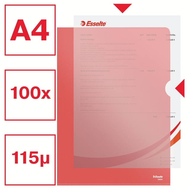 Insteekmap L-model Esselte standaard A4 0.11mm PP rood 100 stuks