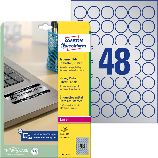 Etiket Avery L6129-20 rond 30mm zilver 960 stuks