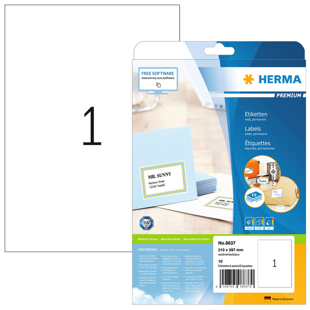 Etiket HERMA 8637 210x297mm A4 premium wit 10 stuks