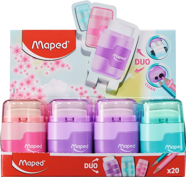 Puntenslijper Maped Connect 2gaats met gum display á 20 stuks pastel assorti