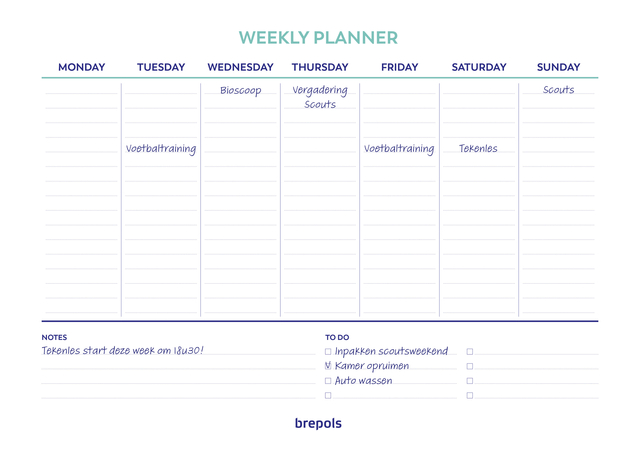 Planner Brepols Weekly A4 7dagen/1pagina horizontaal assorti