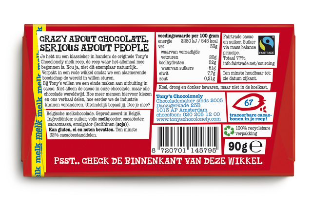 Chocolade Tony's Chocolonely melk reep 90 gram