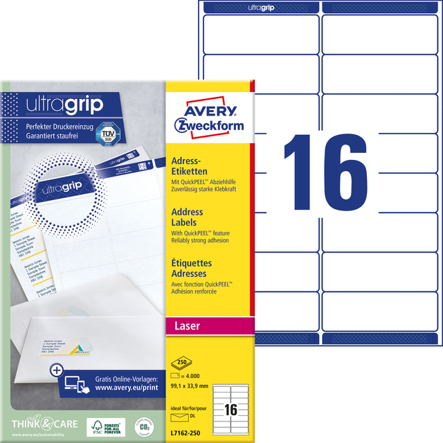 Etiket Avery L7162-250 99.1x33.9mm wit 4000 stuks