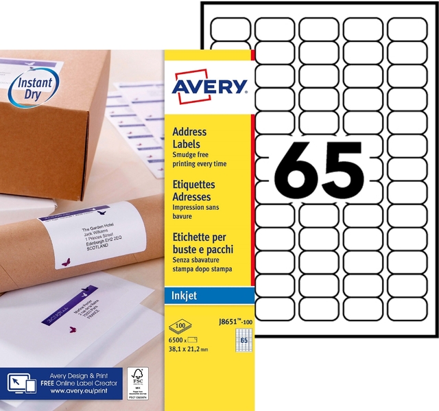 Etiket Avery J8651-100 38.1x21.2mm wit 6500 stuks