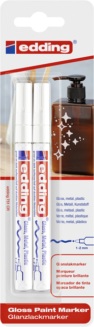 Paintmarker edding 751 op oliebasis 1-2mm wit blister à 2 stuks