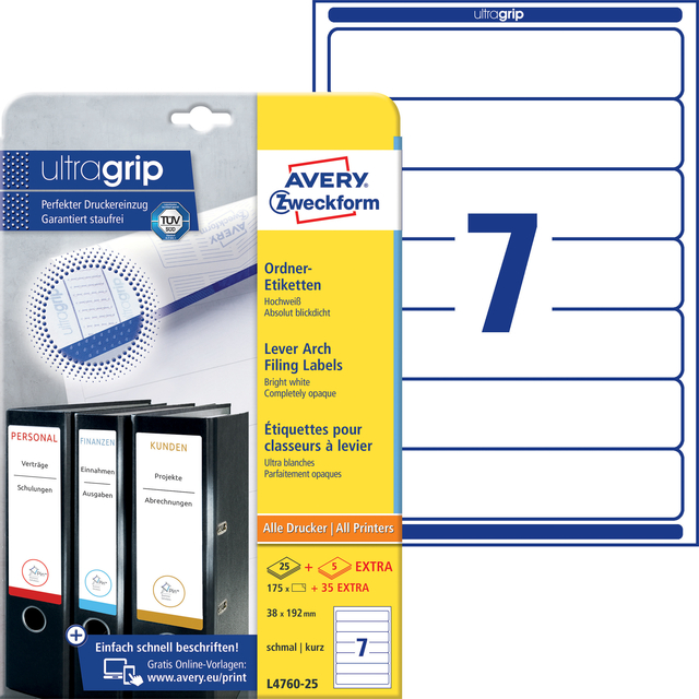 Rugetiket Avery smal 38x192mm zelfklevend wit