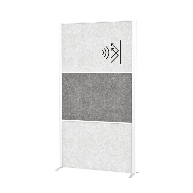 Scheidingswand MAUL akoestiek 100x180 2x licht- 1x donkergrijs wit frame op voet